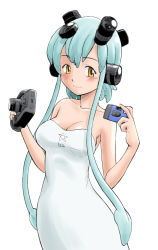 Rule 34 | 1girl, blue hair, blush, breasts, camera, cleavage, dress, ica (os), os-tan, personification, short hair, sidelocks, simple background, smile, solo, white background, yellow eyes
