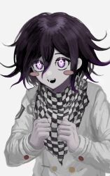 Rule 34 | + +, 1boy, arm belt, bad id, bad twitter id, belt, black scarf, blush stickers, buttons, checkered clothes, checkered scarf, clenched hands, crest, danganronpa (series), danganronpa v3: killing harmony, double-breasted, excited, highres, ie (kshgnhg), jacket, layered sleeves, long sleeves, looking at viewer, male focus, multicolored buttons, oma kokichi, open mouth, pale skin, purple eyes, purple hair, scarf, simple background, smile, solo, sparkling eyes, teeth, two-tone scarf, upper body, white background, white belt, white jacket, white scarf, white sleeves