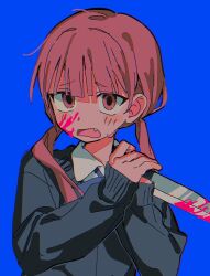 Rule 34 | 1girl, bad id, bad twitter id, black sweater, blood, blood on face, bloody knife, blue background, blunt bangs, blush, brown eyes, brown hair, collared shirt, fang, hands up, highres, holding, holding knife, inactive account, knife, long hair, long sleeves, looking at viewer, low twintails, open mouth, original, own hands together, pink blood, shirt, simple background, sleeves past wrists, solo, sweater, twintails, umipi, upper body, white shirt