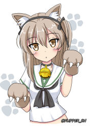 Rule 34 | :o, alternate costume, animal ears, animal hands, bell, black choker, black neckerchief, blouse, brown eyes, cat ears, choker, commentary, flipper, girls und panzer, gloves, kemonomimi mode, light brown hair, long hair, looking at viewer, midriff, neck bell, neckerchief, one-hour drawing challenge, one side up, ooarai school uniform, parted lips, paw gloves, paw pose, school uniform, serafuku, shimada arisu, shirt, short sleeves, simple background, solo, standing, twitter username, upper body, white background, white shirt
