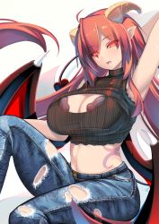 Rule 34 | 1girl, ahoge, arm behind head, astaroth (mon-musu quest!), bra, bra peek, breasts, cleavage, cleavage cutout, clothing cutout, cropped sweater, demon girl, demon horns, demon wings, denim, glowing, glowing eyes, hair over one eye, highres, horns, jeans, large breasts, long hair, looking at viewer, midriff, mon-musu quest!, mon-musu quest: paradox, navel, open mouth, original, pants, pointy ears, red eyes, shiki (psychedelic g2), sitting, sleeveless, solo, sweater, tail, tattoo, torn clothes, torn jeans, torn pants, turtleneck, turtleneck sweater, underwear, very long hair, wings