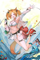 Rule 34 | 1girl, :d, absurdres, animal ears, arknights, arm up, armpits, bare legs, bare shoulders, bikini, bikini skirt, blonde hair, chinese commentary, commentary request, guairenwu a, hand up, highres, holding, jacket, long sleeves, looking at viewer, medium hair, miniskirt, navel, open clothes, open jacket, open mouth, sandals, skirt, smile, solo, sora (arknights), sora (summer flowers) (arknights), stomach, swimsuit, tail, thigh strap, thighs, twintails, white bikini, white jacket, white skirt, wolf ears, wolf tail, yellow eyes