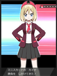 Rule 34 | 1girl, absurdres, blonde hair, closed mouth, collared shirt, commentary request, contemporary, creatures (company), eyelashes, game freak, grey eyes, hairband, hands on own hips, highres, irida (pokemon), jacket, knees, looking at viewer, necktie, nintendo, open clothes, open jacket, pink necktie, pleated skirt, pokemon, pokemon legends: arceus, pokemon swsh, red jacket, school uniform, serious, shabana may, shirt, short hair, skirt, solo, translated, white shirt