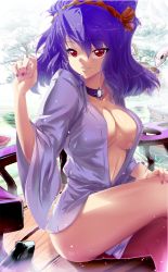 Rule 34 | 1girl, breasts, choker, female focus, frog, highres, initial f, crossed legs, looking at viewer, nail polish, naked shirt, open clothes, open shirt, purple hair, red eyes, shirt, short hair, sitting, smile, snake, solo, touhou, yasaka kanako