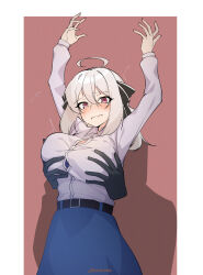 Rule 34 | 1girl, ahoge, arms up, belt, black belt, black ribbon, blue skirt, grabbing another&#039;s breast, breasts, button gap, closed mouth, disembodied hand, embarrassed, grabbing, grabbing from behind, hair between eyes, hair ribbon, highres, large breasts, lily (spy kyoushitsu), long sleeves, looking at viewer, medium hair, red background, red eyes, ribbon, shadow, simple background, skirt, solo focus, spy kyoushitsu, tilt-shift (azalanz), twitter username, two-tone background, white background, white hair