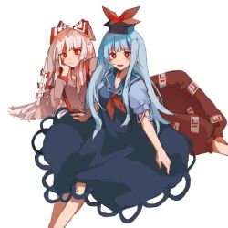 Rule 34 | 2girls, :d, arm support, blue dress, blue hair, blue shirt, blush, bow, breasts, cleavage, closed mouth, commentary request, dress, feet out of frame, fujiwara no mokou, hair bow, hat, highres, kamishirasawa keine, long hair, long sleeves, looking at viewer, lying, multiple girls, neckerchief, ofuda, ofuda on clothes, on side, open mouth, pants, pinafore dress, puffy short sleeves, puffy sleeves, red bow, red eyes, red neckerchief, red pants, red shirt, shirt, short sleeves, simple background, sitting, sleeveless dress, smile, suspenders, tokin hat, touhou, two-tone bow, white background, white bow, white hair, yukiaa