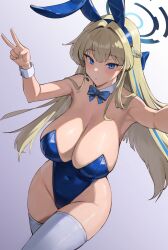 Rule 34 | 1girl, 9eep, absurdres, alternate breast size, animal ears, arms up, bare shoulders, blonde hair, blue archive, blue bow, blue eyes, blue hairband, blue leotard, bow, bowtie, braid, breasts, cleavage, covered navel, detached collar, fake animal ears, groin, hairband, halo, highleg, highleg leotard, highres, large breasts, leotard, long hair, official alternate costume, official alternate hairstyle, parted lips, playboy bunny, rabbit ears, solo, thighhighs, thighs, toki (blue archive), toki (bunny) (blue archive), v, very long hair, white thighhighs, wrist cuffs