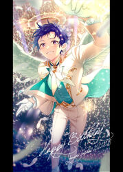 Rule 34 | 1boy, blue hair, buttons, character name, commentary request, dark blue hair, dated, ensemble stars!, feathered wings, feathers, fushimi yuzuru, gloves, halo, happy birthday, high collar, letterboxed, mole, mole under mouth, owaranai symphonia (ensemble stars!), pants, pocket, purple eyes, short hair, smile, solo, teeth, user vzxu4543, white feathers, white gloves, white pants, wings