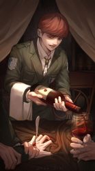 Rule 34 | 1boy, absurdres, alcohol, bleeding, blood, blood on hands, bottle, bright pupils, brown eyes, brown hair, chair, coat, collared shirt, commentary, cup, curtains, dated, drinking glass, evil smile, feet out of frame, floch forster, fork, gem, green coat, green gemstone, highres, holding, holding bottle, indoors, injury, kou cha cha cha, leaning forward, long sleeves, looking at viewer, male focus, napkin, open mouth, pocket, pouring, shingeki no kyojin, shirt, short hair, smile, solo focus, stab, standing, survey corps (emblem), symbol-only commentary, table, tablecloth, upper body, white pupils, white shirt, wine, wine bottle, wine glass