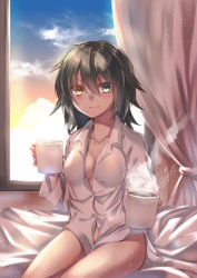 Rule 34 | 1girl, backlighting, bad id, bad pixiv id, bed sheet, blush, bottomless, breasts, buttons, cloud, coffee, coffee mug, collarbone, collared shirt, commentary request, cup, curtains, dress shirt, green eyes, green hair, hair between eyes, heterochromia, indoors, kantai collection, kiso (kancolle), light particles, long sleeves, looking at viewer, loose clothes, loose shirt, medium breasts, medium hair, messy hair, midriff peek, mug, naked shirt, no bra, shirt, signature, sitting, smile, solo, steam, sunset, white shirt, window, yellow eyes, yuihira asu
