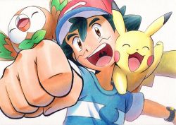 Rule 34 | 1boy, ash ketchum, baseball cap, blue shirt, bracelet, brown eyes, clenched hand, commentary request, creatures (company), game freak, gen 1 pokemon, gen 7 pokemon, green hair, hat, highres, jewelry, male focus, nintendo, oka mochi, on shoulder, open mouth, pikachu, pokemon, pokemon (anime), pokemon (creature), pokemon on shoulder, pokemon sm (anime), red headwear, rowlet, shirt, short hair, short sleeves, smile, striped clothes, striped shirt, t-shirt, teeth, tongue, traditional media, upper teeth only, white background, z-ring