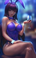 Rule 34 | 1girl, alcohol, animal ears, blurry, bow, bowtie, breasts, covered navel, crossed legs, cup, cupping glass, depth of field, detached collar, drinking glass, fake animal ears, fate/grand order, fate (series), fishnet pantyhose, fishnets, infi, large breasts, leotard, lips, official alternate costume, pantyhose, playboy bunny, purple eyes, purple hair, rabbit ears, scathach (fate), scathach (piercing bunny) (fate), side-tie leotard, sitting, solo, wine, wine glass, wrist cuffs