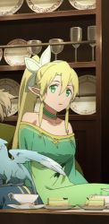 Rule 34 | animal, animated, animated gif, arm up, breasts, elf, green eyes, large breasts, leafa, lowres, pointy ears, ponytail, smile, sword art online