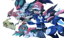 Rule 34 | 1boy, ameiro pk, ash-greninja, ash ketchum, attack, baseball cap, black gloves, black hair, black pants, blue jacket, brown eyes, child, commentary request, creatures (company), fingerless gloves, from side, game freak, gen 1 pokemon, gen 6 pokemon, gloves, greninja, hair between eyes, hat, hawlucha, jacket, jumping, male focus, nintendo, noivern, open mouth, pants, pikachu, pokemon, pokemon (anime), pokemon (creature), pokemon xy (anime), red headwear, short hair, short sleeves, simple background, talonflame, teeth, upper teeth only, white background