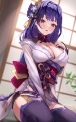 Rule 34 | 1girl, between legs, black thighhighs, blurry, blurry background, blush, braid, breasts, bridal gauntlets, cleavage, desire (tbot7), dutch angle, flower, flower knot, genshin impact, hair flower, hair ornament, hand between legs, hand up, highres, japanese clothes, kimono, large breasts, long hair, long sleeves, looking at viewer, low-braided long hair, low-tied long hair, mole, mole under eye, neck ribbon, obiage, obijime, parted lips, plant, purple eyes, purple flower, purple hair, purple kimono, raiden shogun, red ribbon, red sash, ribbon, sash, shrug (clothing), sidelocks, single braid, sitting, solo, thighhighs, thighs, very long hair, vision (genshin impact), wide sleeves