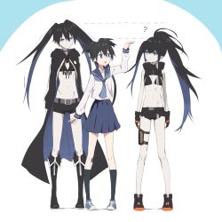 Rule 34 | 3girls, :d, ?, bikini, black bikini, black footwear, black hair, black jacket, black rock shooter: dawn fall, black rock shooter (character), black shorts, black socks, blue background, blue eyes, blue footwear, blue hair, blue neckwear, blue sailor collar, blue skirt, boots, character request, closed mouth, commentary request, front-tie bikini top, front-tie top, hair between eyes, height difference, highres, hood, hood down, hooded jacket, jacket, knee boots, kneehighs, long sleeves, multicolored hair, multiple girls, open clothes, open jacket, open mouth, pale skin, pleated skirt, ponytail, puffy long sleeves, puffy sleeves, sailor collar, scar, school uniform, serafuku, shirt, shoes, short shorts, shorts, skirt, smile, socks, standing, swimsuit, tama (tama-s), twintails, two-tone background, two-tone hair, white background, white shirt