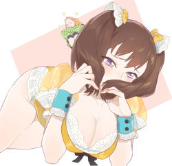 Rule 34 | 10s, 1boy, 1girl, black bow, blush, bow, breasts, brown hair, capri pants, cleavage, covering own mouth, diane (nanatsu no taizai), giant, giantess, hair ornament, hand in own hair, head tilt, holding, holding hair, hood, hood down, hoodie, inkerpape, king (nanatsu no taizai), lace-trimmed sleeves, lace trim, large breasts, leotard, long hair, looking at viewer, looking away, lying, mini person, miniboy, nail polish, nanatsu no taizai, orange nails, pants, pillow, puffy short sleeves, puffy sleeves, purple eyes, ribbon, ribbon-trimmed sleeves, ribbon trim, short sleeves, twintails, wrist cuffs, yellow ribbon