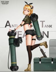 Rule 34 | 1girl, absurdres, aliceblue, bad id, bad pixiv id, blonde hair, body writing, boots, crop top, elbow pads, fang, fang out, fingerless gloves, garter straps, gloves, hairband, headgear, highres, looking at viewer, looking back, midriff, military, original, red eyes, short hair, short shorts, shorts, smile, solo, standing, standing on one leg, thighhighs