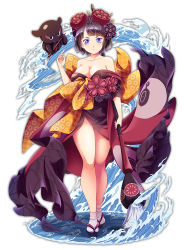 Rule 34 | 1girl, bare shoulders, black kimono, blue eyes, blush, breasts, calligraphy brush, cleavage, closed mouth, collarbone, fate/grand order, fate (series), giant brush, hair ornament, holding, holding paintbrush, japanese clothes, katsushika hokusai (fate), khnchak, kimono, looking at viewer, medium breasts, octopus, paintbrush, purple hair, short hair, simple background, solo, standing, tabi, water, white background
