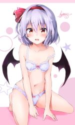 Rule 34 | 1girl, artist name, bare arms, bare legs, bare shoulders, bat wings, black wings, blue bra, blue panties, blush, bow, bow bra, bow panties, bra, breasts, collarbone, hair between eyes, hair ribbon, highres, hyurasan, kneeling, light purple hair, looking at viewer, navel, open mouth, panties, pink background, red eyes, red ribbon, remilia scarlet, ribbon, signature, small breasts, solo, star (symbol), stomach, strap slip, touhou, two-tone background, underwear, underwear only, white background, wings