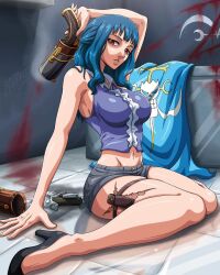 Rule 34 | 1girl, alternate costume, bare shoulders, blue hair, breasts, cape, ein (one piece), female focus, gun, high heels, highres, knife, large breasts, long hair, midriff, navel, one piece, red eyes, scar, solo, thick thighs, thighs, weapon