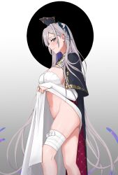 Rule 34 | 1girl, absurdres, bandaged leg, bandages, blue eyes, blush, breasts, cape, cleavage, dress, grey hair, hat, head wings, highres, iida pochi. (vtuber), indie virtual youtuber, kuon bb, large breasts, lifting own clothes, long hair, looking at viewer, mole, mole under mouth, navel, pochimaru (vtuber), pochimaru (vtuber) (4th costume), smile, solo, very long hair, virtual youtuber, white dress, wings