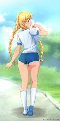 Rule 34 | 1girl, absurdres, ass, blonde hair, blue eyes, blue shorts, blurry, blurry background, braid, breasts, commentary, covered erect nipples, day, everlasting summer, from behind, full body, hand up, highres, huyase, kneehighs, kneepits, large breasts, long hair, looking at viewer, looking back, micro shorts, outdoors, patreon username, puffy short sleeves, puffy sleeves, shirt, short sleeves, shorts, slavya-chan, socks, solo, twin braids, very long hair, white socks, white shirt