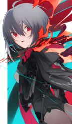 Rule 34 | 1girl, :o, absurdres, ass, black bodysuit, black cape, black hair, bodysuit, cape, highres, honkai (series), honkai impact 3rd, looking at viewer, looking back, mole, mole under mouth, open mouth, raven (honkai impact), red eyes, short hair, solo, soudayu
