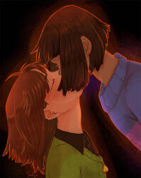 Rule 34 | 2others, androgynous, artist name, backlighting, black background, black undershirt, blue sweater, blunt bangs, blush, bob cut, brown hair, chara (undertale), closed eyes, collared shirt, commentary, dress shirt, english commentary, eyelashes, facing up, frisk (undertale), from side, green sweater, hair over mouth, heart pendant, jewelry, kiss, leaning forward, locket, miundy-again, multiple others, necklace, orange background, orange outline, pendant, pink sweater, shirt, short hair, signature, sweater, two-tone sweater, undertale
