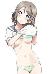 Rule 34 | 10s, 1girl, blue eyes, blush, bow, bow bra, bow panties, bra, bra lift, breasts, brown hair, clothes lift, cowboy shot, green bra, green panties, head tilt, highres, lifting own clothes, looking at viewer, love live!, love live! sunshine!!, medium breasts, navel, no pants, panties, parted lips, sailor collar, sailor shirt, sankuro (agoitei), see-through, shirt, shirt lift, short hair, simple background, solo, underboob, underwear, undressing, watanabe you, wet, wet clothes, wet hair, wet shirt, white background