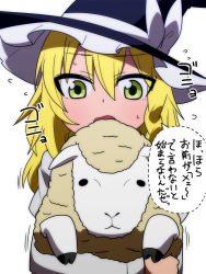 Rule 34 | 1girl, akeome, animal, blonde hair, bow, braid, carrying, female focus, flying sweatdrops, green eyes, hair between eyes, happy new year, hat, hat bow, jeno, kirisame marisa, long sleeves, looking down, nervous, new year, open mouth, pun, sheep, simple background, single braid, solo, touhou, translation request, trembling, upper body, white background, witch, witch hat