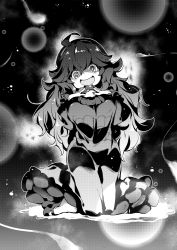Rule 34 | 1girl, @ @, ahoge, alternate breast size, blush, breasts, commentary request, creatures (company), dress, fingernails, game freak, greyscale, hair between eyes, hairband, hex maniac (pokemon), highres, kneeling, long fingernails, long hair, mary janes, medium breasts, messy hair, monochrome, nintendo, object on breast, open mouth, poke ball, poke ball (basic), pokemon, pokemon xy, ribbed dress, shoes, solo, tanasuke