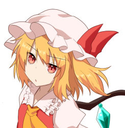 Rule 34 | 1girl, :o, ascot, blonde hair, commentary request, flandre scarlet, frilled shirt collar, frills, hat, hat ribbon, looking at viewer, mob cap, one side up, puffy short sleeves, puffy sleeves, red eyes, red vest, ribbon, shirt, short hair, short sleeves, simple background, solo, standing, sugiyama ichirou, touhou, upper body, vest, white background, white hat, white shirt, wings, yellow ascot