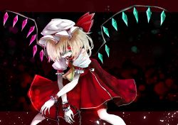 Rule 34 | 1girl, aizettonagi, ascot, belt, blonde hair, chain, crystal, dress, flandre scarlet, hair over one eye, hat, hat ribbon, highres, mob cap, pale skin, puffy short sleeves, puffy sleeves, red dress, red eyes, red ribbon, restrained, ribbon, short sleeves, solo, touhou, white hat, wings, yellow ascot
