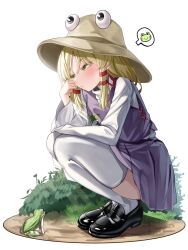 Rule 34 | 1girl, animal print, black footwear, blonde hair, blush, brown hat, colored eyelashes, commentary, eyelashes, frog, frog print, from side, full body, hair ribbon, hand up, hat, head rest, highres, leaning forward, loafers, long sleeves, looking at animal, looking down, mahoro (minase mahoro), medium hair, moriya suwako, outdoors, purple skirt, purple vest, pyonta, red ribbon, ribbon, shirt, shoes, sidelocks, simple background, skirt, solo, speech bubble, squatting, straight hair, thighhighs, thighs, touhou, tress ribbon, tsurime, turtleneck, vest, white background, white shirt, white thighhighs, wide sleeves, yellow eyes