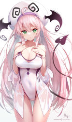 Rule 34 | 1girl, :o, ahoge, blush, breasts, cleavage, collarbone, covered navel, demon girl, demon tail, gluteal fold, green eyes, hong (white spider), lala satalin deviluke, large breasts, looking at viewer, one-piece swimsuit, pink hair, shirt, simple background, solo, swimsuit, tail, to love-ru, wet, wet clothes, wet shirt, white background, white headwear, white shirt