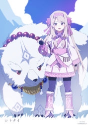 Rule 34 | 1girl, absurdres, ainu clothes, aoi suzu, artist name, bead necklace, beads, bear, character name, fate/grand order, fate (series), fingerless gloves, fur trim, gloves, hairband, highres, jewelry, long hair, necklace, pantyhose, pink eyes, polar bear, shirou (bear) (fate), sitonai (fate), sword, twitter username, weapon