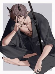 Rule 34 | 1boy, black nails, brown hair, emo37337640, facial hair, hand on own face, highres, horns, japanese clothes, katana, kimono, licking lips, looking at viewer, male focus, muscular, muscular male, mustache, original, pointy ears, setsubun, short hair, sitting, solo, sword, tongue, tongue out, weapon