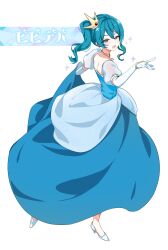 Rule 34 | 1girl, :d, absurdres, bibideba (hololive), blue dress, blue eyes, blue hair, dancing, detached collar, dress, elbow gloves, full body, gloves, gown, high heels, highres, hololive, hoshimachi suisei, looking at viewer, open mouth, picter, puffy short sleeves, puffy sleeves, short sleeves, simple background, skirt hold, smile, solo, sparkle, tiara, virtual youtuber, white background, white gloves