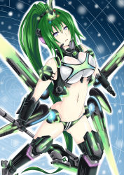 Rule 34 | 10s, 1girl, :o, absurdres, armor, bare shoulders, blue eyes, breastplate, breasts, crop top, double vertical stripe, faulds, female focus, gauntlets, greaves, green hair, green heart (neptunia), grid, groin, headgear, high ponytail, highres, holding, holding weapon, honke ganso, large breasts, legs apart, long hair, lowleg, magical girl, navel, neon trim, neptune (series), next green, open mouth, outline, pauldrons, polearm, power symbol, power symbol-shaped pupils, shin jigen game neptune vii, shoulder armor, solo, spear, symbol-shaped pupils, turtleneck, vert (neptunia), very long hair, weapon