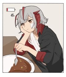 Rule 34 | 1girl, 1koma, ahoge, alternate eye color, antennae, arknights, battery indicator, black jacket, border, brown eyes, comic, curry, curry rice, demon horns, food, grey hair, head rest, highres, holding, holding spoon, horns, jacket, long sleeves, open clothes, open jacket, pe3075, rice, scar, scar on arm, solo, spoon, table, w (arknights), white border