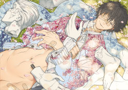 Rule 34 | 1boy, bandages, bandaid, black hair, buttons, dappled sunlight, grass, grey eyes, honya lala, looking at viewer, lying, male focus, midriff, navel, no pants, on back, open clothes, open shirt, original, petals, scarf, shirt, smile, solo, statue, sunlight, sweater, unbuttoned