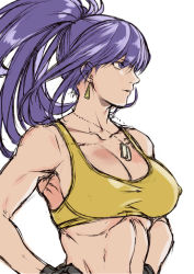 Rule 34 | 1girl, bare shoulders, blue eyes, blue hair, breasts, cleavage, dog tags, earrings, hands on own hips, jewelry, leona heidern, long hair, muscular, muscular female, ponytail, simple background, solo, tank top, the king of fighters, the king of fighters xiv, the king of fighters xv, triangle earrings, white background, yasunososaku, yellow tank top