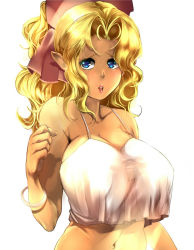 Rule 34 | 1girl, bare shoulders, blonde hair, blue eyes, bollito, bow, bracelet, breasts, cleavage, commentary, crop top, dark skin, dark-skinned female, covered erect nipples, female focus, hair bow, hair ribbon, huge breasts, jewelry, kuramitsu mihoshi, long hair, navel, open mouth, pointy ears, ribbon, solo, tenchi muyou!, wavy hair