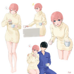 Rule 34 | 1boy, 1girl, :d, absurdres, barefoot, blue eyes, blue pajamas, blue pants, blue shirt, blunt bangs, blush, closed eyes, closed mouth, coffee mug, commentary request, cowboy shot, cup, full body, go-toubun no hanayome, highres, holding, holding cup, long sleeves, mug, multiple views, musical note, nakano ichika, notice lines, open mouth, pajamas, pants, pink hair, ricky (haye4843), shirt, short hair, simple background, smile, spoken musical note, sweater, turtleneck, turtleneck sweater, uesugi fuutarou, white background, yellow sweater