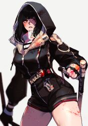 Rule 34 | 1girl, belt, black gloves, black hair, black jacket, black leotard, blood, blood on clothes, blood on face, blood stain, bloody weapon, blunt bangs, breasts, commentary request, fingerless gloves, gloves, grey background, hood, hood up, hooded jacket, jacket, k.k. (path to nowhere), leotard, mamaloni, medium breasts, path to nowhere, red eyes, scar, scar on face, scar on nose, shirt, simple background, solo, thighs, tonfa, weapon, white shirt, zipper, zipper pull tab