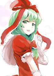 Rule 34 | 1girl, bow, dress, elbow gloves, front ponytail, gloves, green eyes, green hair, hair bow, kagiyama hina, looking at viewer, matching hair/eyes, open mouth, puffy short sleeves, puffy sleeves, red dress, short sleeves, sinzan, sketch, smile, solo, touhou, upper body, white gloves