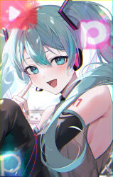 Rule 34 | 1girl, absurdres, aqua eyes, aqua hair, armpits, black sleeves, blush, breasts, collared shirt, detached sleeves, from side, grey shirt, hair between eyes, hand up, hatsune miku, headset, highres, index finger raised, knees up, long hair, looking at viewer, menomanome, open mouth, pixiv logo, shirt, shoulder tattoo, sideboob, solo, tattoo, twintails, upper body, vocaloid, youtube logo