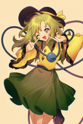 Rule 34 | 1girl, as-zero, black hat, bow, fingersmile, frilled shirt collar, frilled sleeves, frills, green eyes, green hair, hat, highres, index finger raised, komeiji koishi, long hair, long sleeves, looking at viewer, one eye closed, open mouth, shirt, sidelocks, smile, solo, standing, standing on one leg, touhou, wide sleeves, yellow bow, yellow shirt