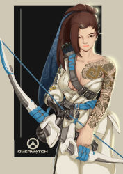 Rule 34 | 1girl, absurdres, backlighting, bad id, bad pixiv id, black hair, border, bow (weapon), breasts, collarbone, copyright name, dragon tattoo, genderswap, genderswap (mtf), gloves, grey border, hair over one eye, hanzo (overwatch), highres, holding, holding weapon, japanese clothes, lips, long hair, looking at viewer, medium breasts, narrowed eyes, nose, off shoulder, overwatch, overwatch 1, ponytail, qi chi hongzao, quiver, single glove, sketch, solo, strap, tattoo, upper body, weapon